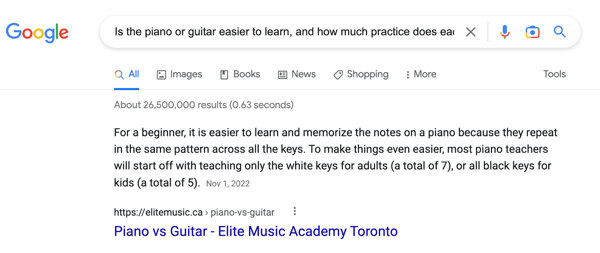 Google では「ピアノとギターのどちらが習得しやすいか、それぞれどのくらいの練習が必要か？」といった質問を検索