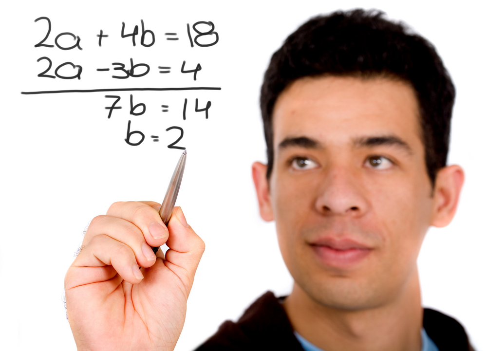 mathematics student solving a problem on the screen - isolated over a white background