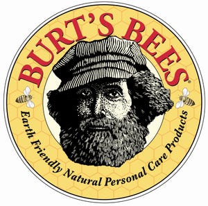 Burt's Beesのロゴによるブランドアイデンティティーの例。中央にあごひげを生やした男性の顔、左右に2匹のハチが描かれ、ブランド名が赤い文字で表示されている