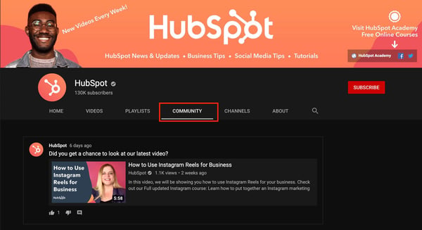 HubSpotのYouTubeチャンネルの［コミュニティ］タブの例