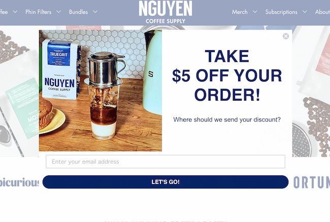 離脱防止ポップアップの例：Nguyen Coffee Supply