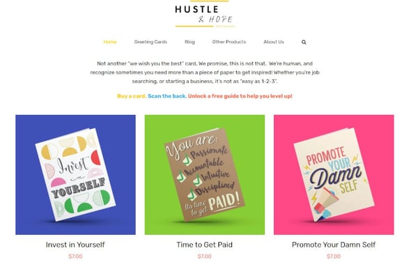 Hustle & Hopeブランドのグリーティングカードによるブランドアイデンティティーの例