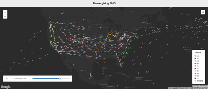 感謝祭の米国内航空状況のデータの例