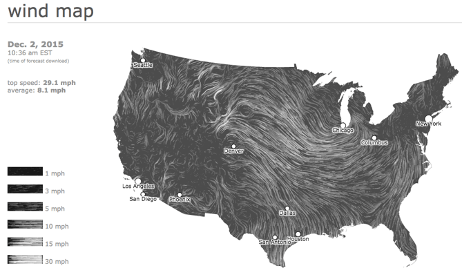 米国内の風のデータをまとめた例