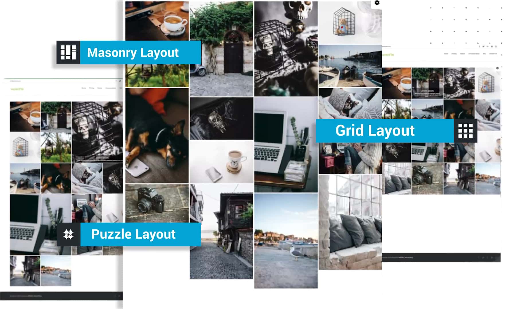 WordPress用のGridKit Portfolio Galleryプラグインを使って作成された3種類のデモレイアウト（Grid、Puzzle、Masonry）