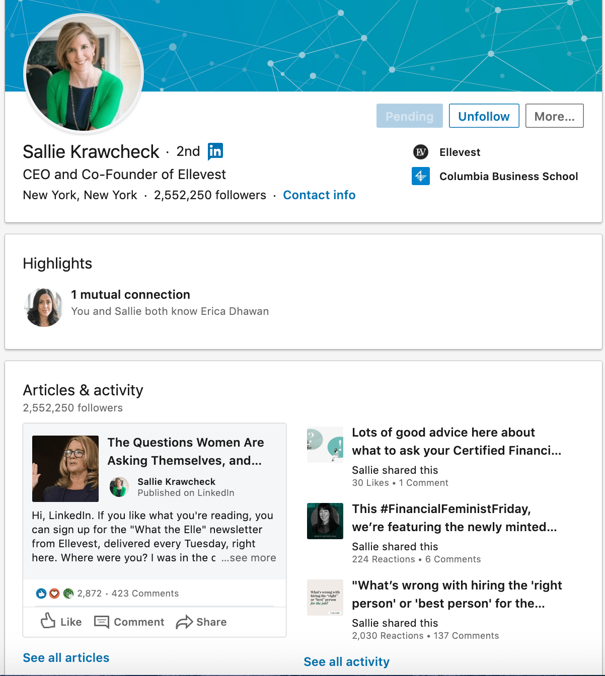 LinkedInの個人プロフィールページの例