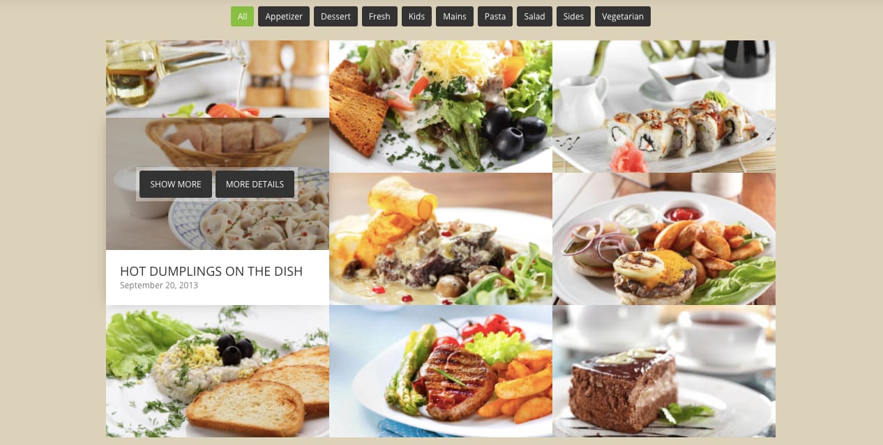 WordPressプラグインのGo Portfolioを使ってMasonryレイアウトで作成された、レストランのウェブサイト向けのデモポートフォリオ