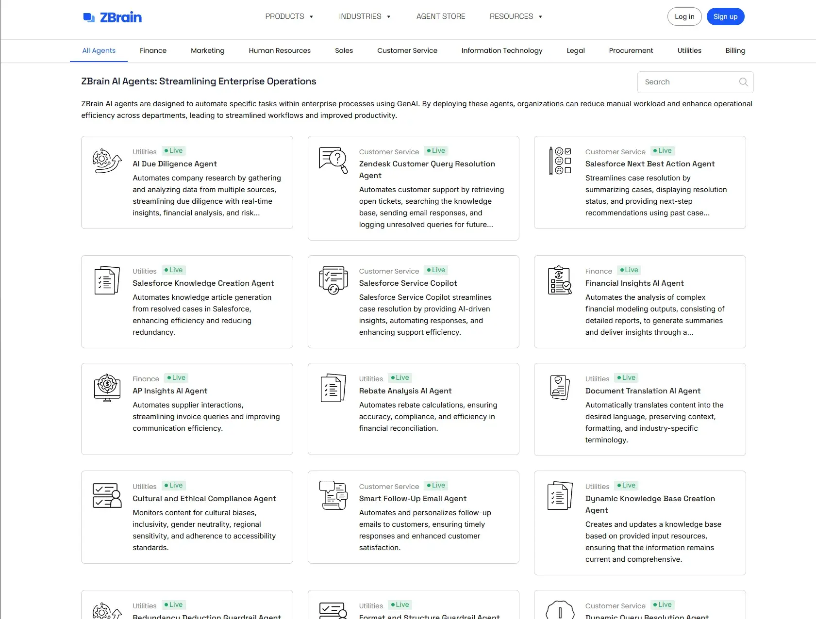 マーケティング向けAIエージェント、ZBrainのエージェント一覧