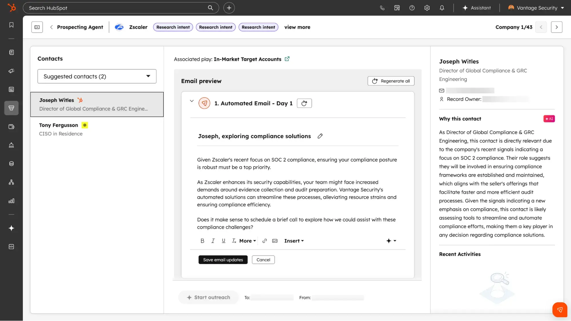 HubSpot案件創出エージェントの画面。購買シグナルやコンプライアンス情報を基に生成された、パーソナライズEメールのプレビューを表示。https://www.hubspot.jp/products/sales/ai-prospecting-agent