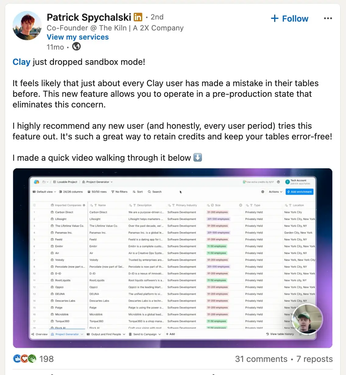Clayの新機能であるサンドボックスモードについて紹介するPatrick Spychalski氏のLinkedIn投稿。クレジットを消費せずにAIアクションを安全にテスト可能。