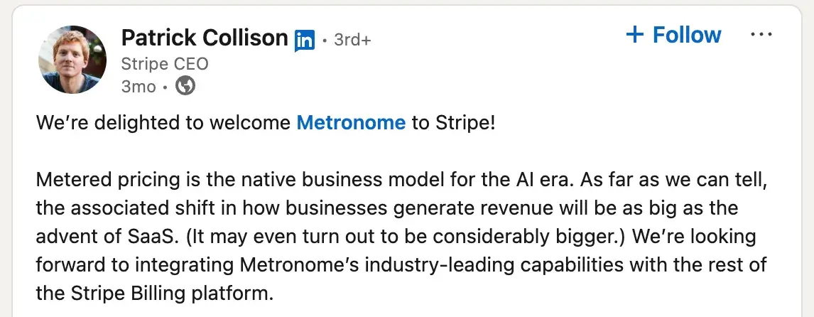 StripeのCEOであるPatrick Collison氏によるLinkedIn投稿。従量課金を「AI時代における本来あるべきビジネスモデル」と表現。